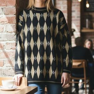 Vintage Trimmings Metallic Gold Argyle Sweater Women Medium Black Diamond USA